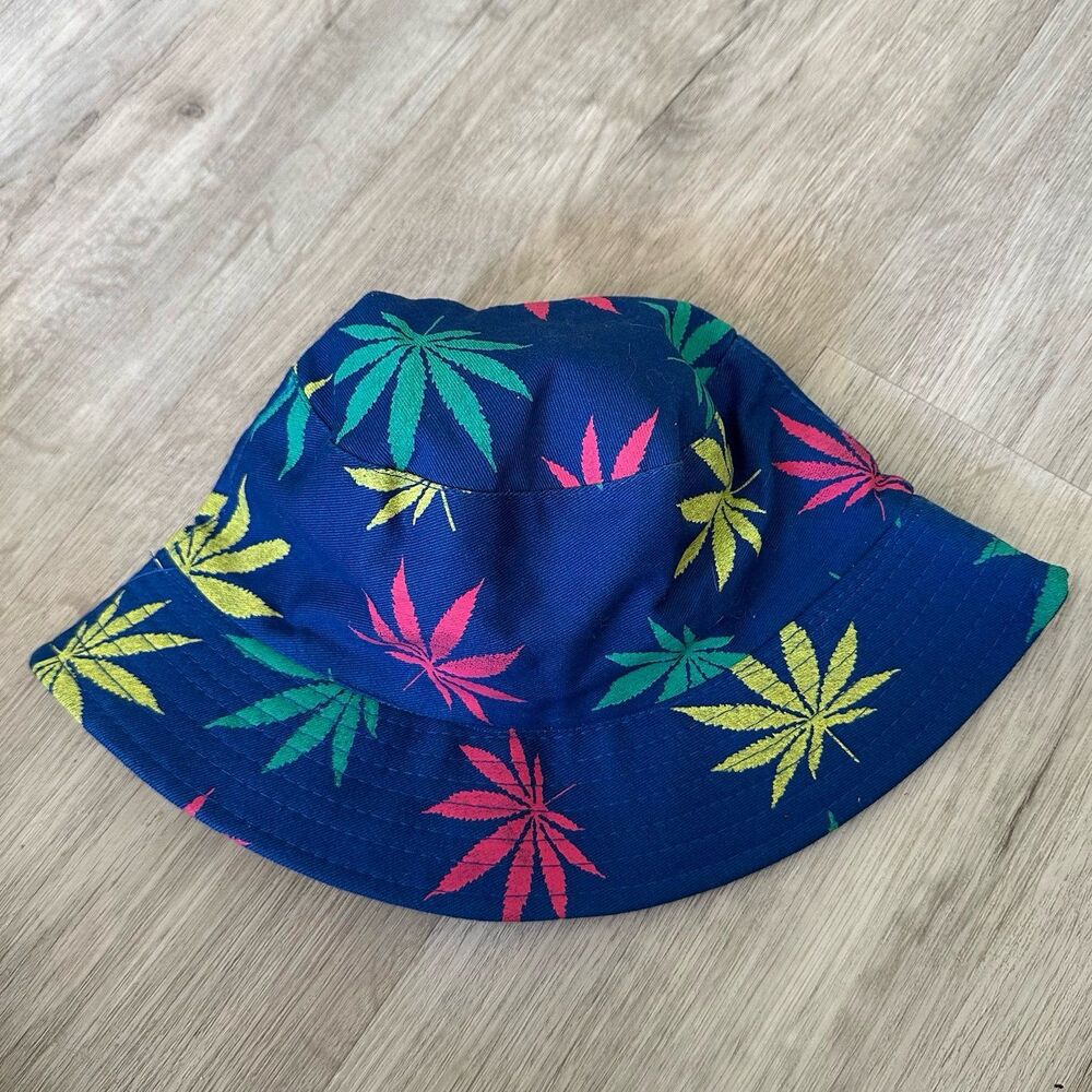 Cannabis Leaf Bucket Hat Blue Multicolored 100% Cotton Unisex OSFM